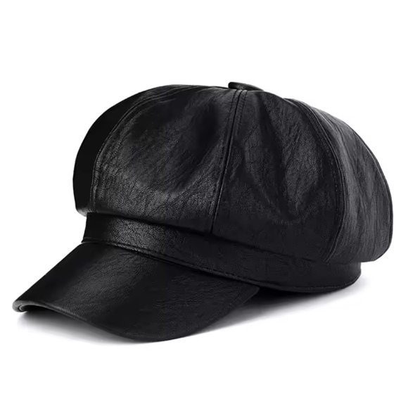 Black autumn beret faux leather painter style hat (ADD ON ITEM) - Picture 1 of 4